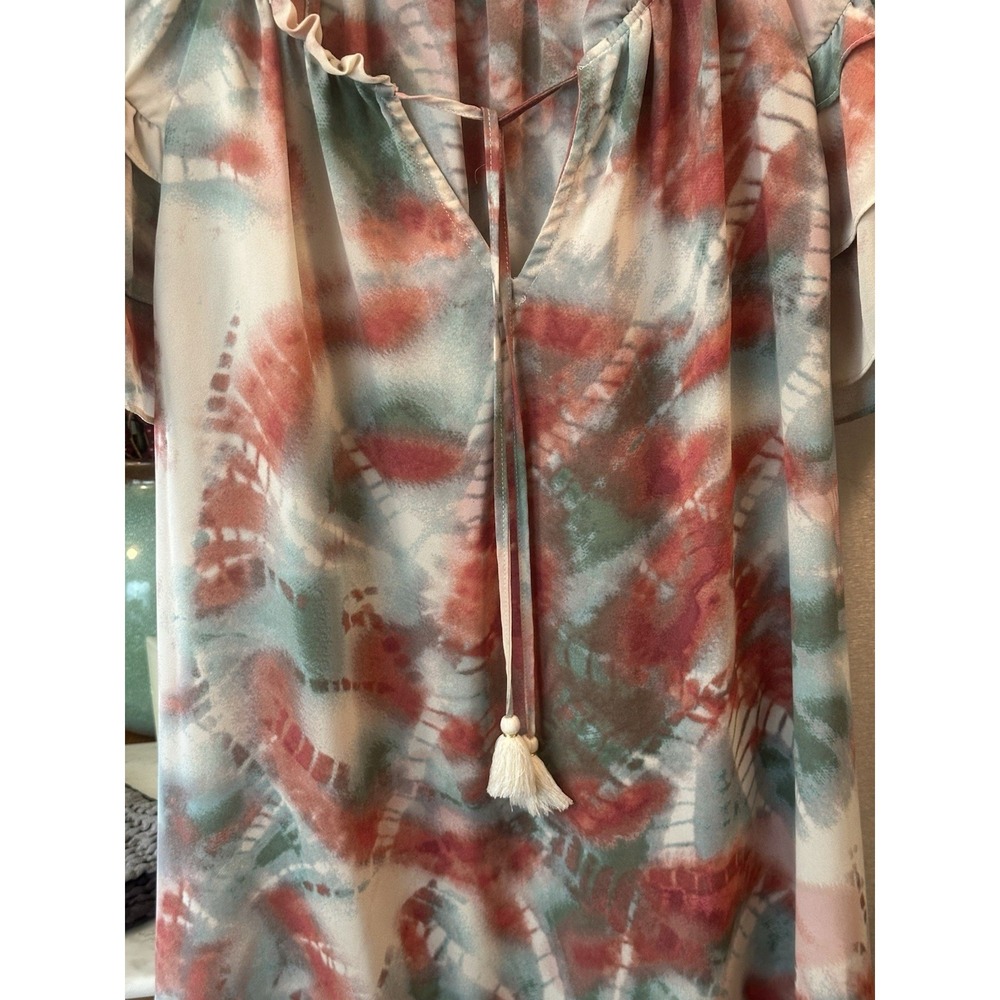 Rose And Olive Ruffled Short Ssleeves V-neck Ruffled Collar Watercolor Print SzX